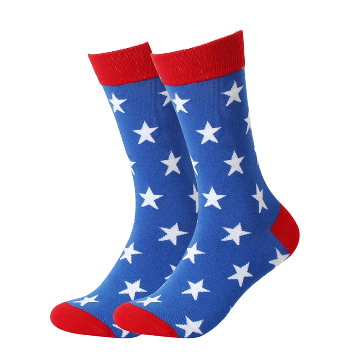 Pair of blue patriotic flag socks with red cuff and white stars