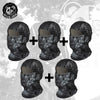A set of black breathable mesh balaclava face masks shown in various angles and with a plus sign indicating combination.