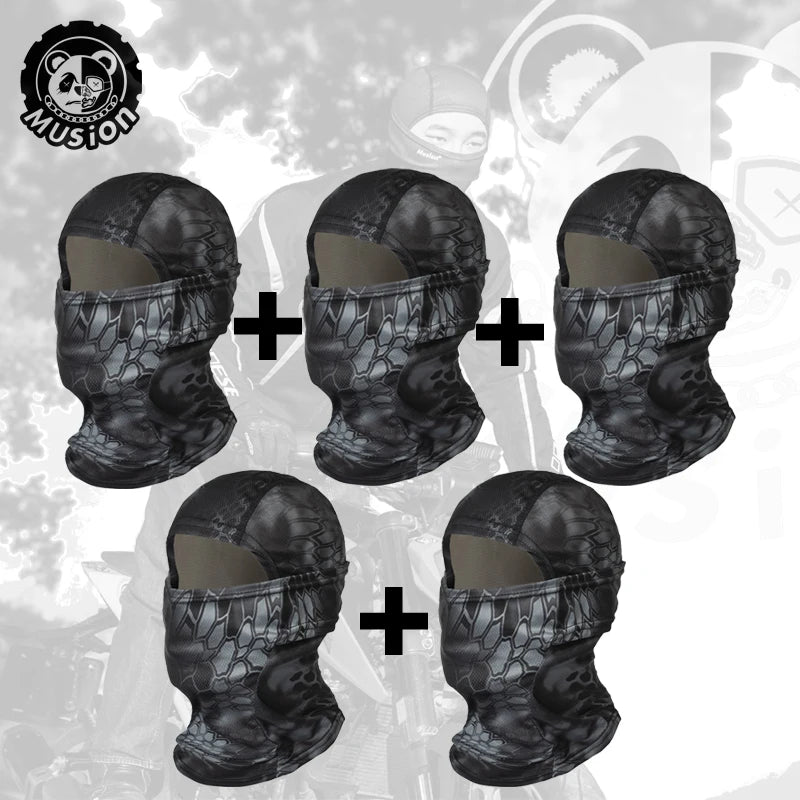 A set of black breathable mesh balaclava face masks shown in various angles and with a plus sign indicating combination.