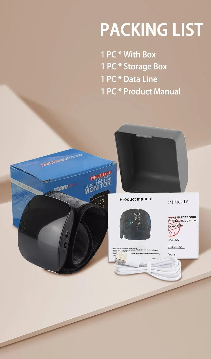 A packing list for a digital wrist blood pressure monitor, including the device, box, data line, and manual.
