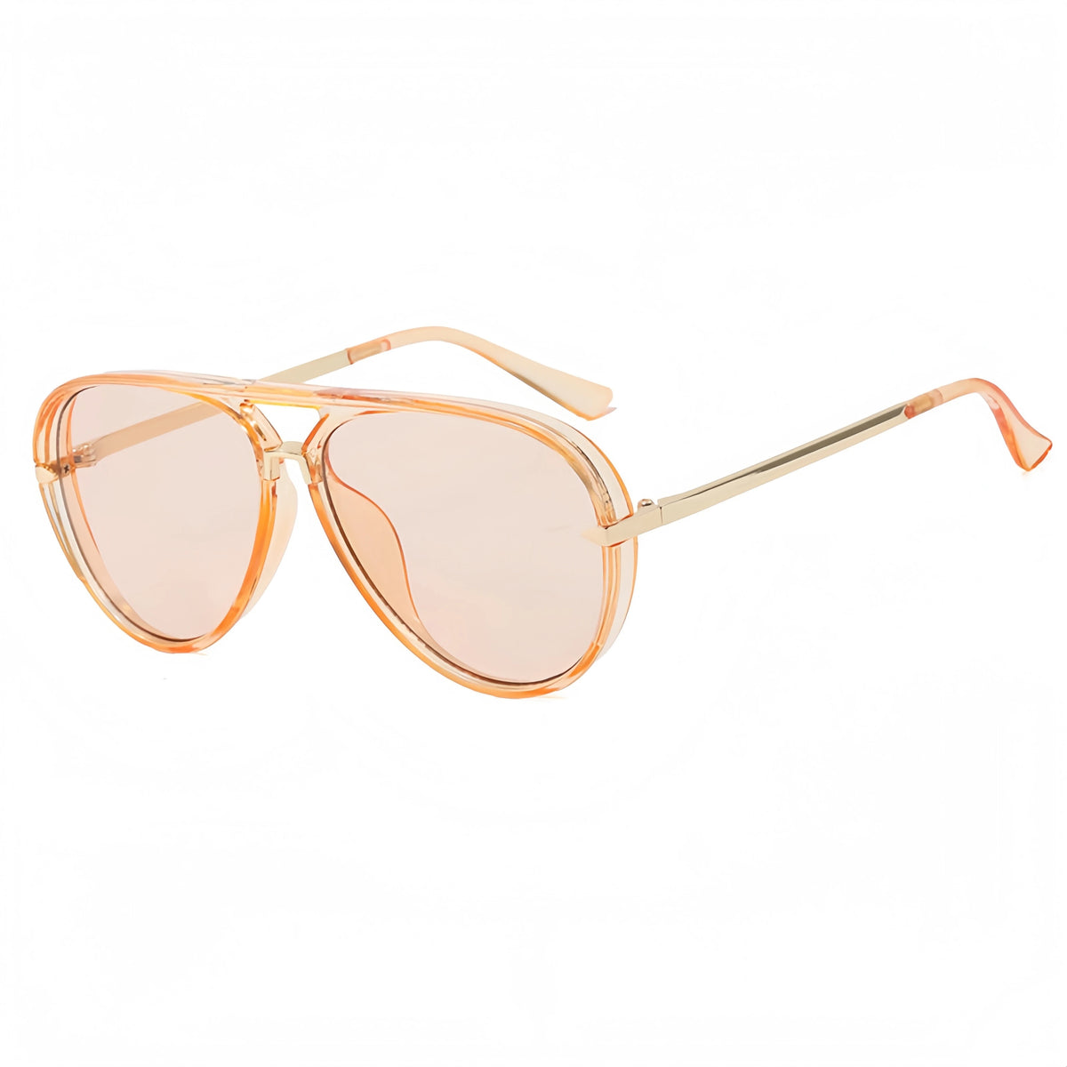 A pair of rose gold tinted aviator sunglasses with a double bridge and UV400 protection.