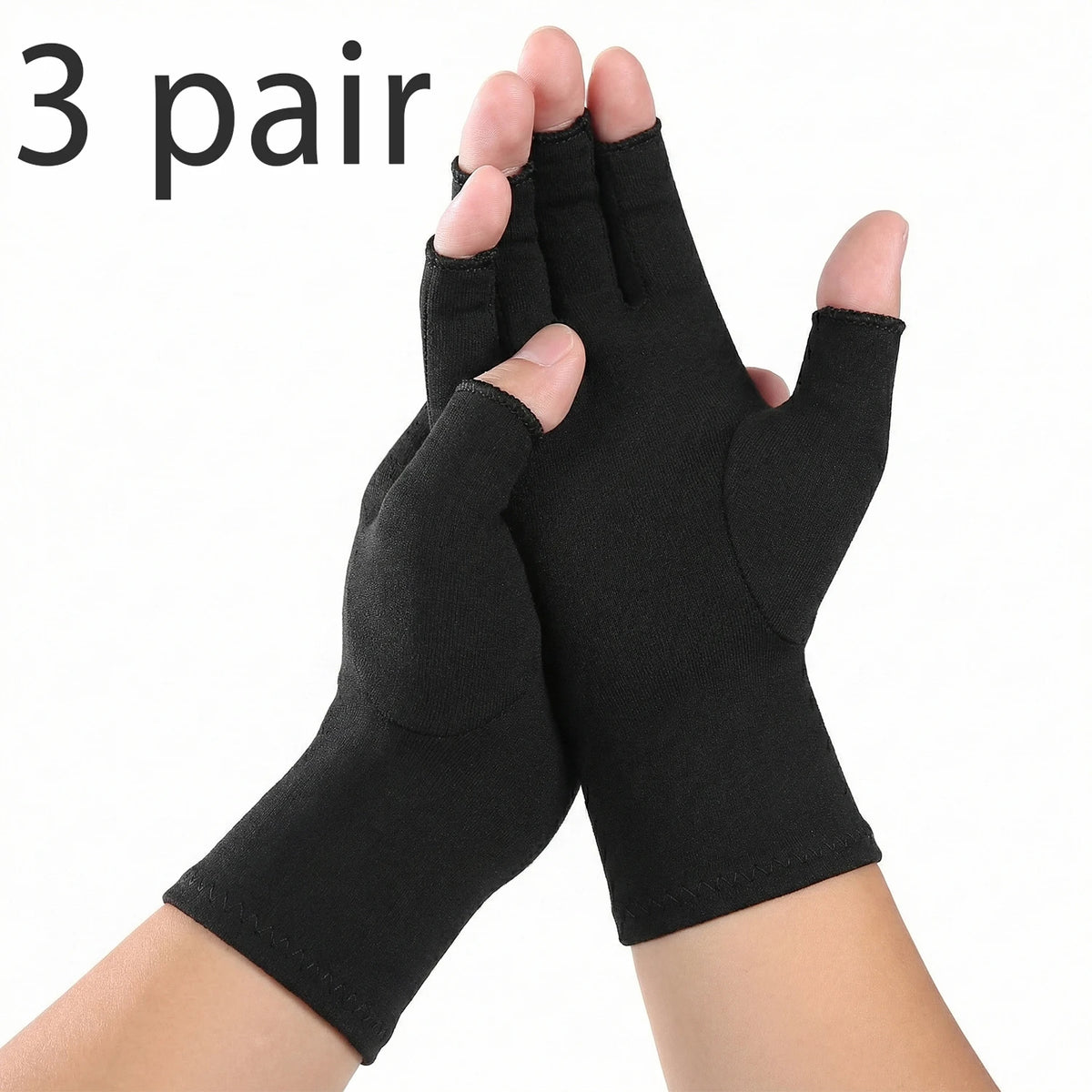 Three pairs of black fingerless compression gloves shown on a hand and wrist.