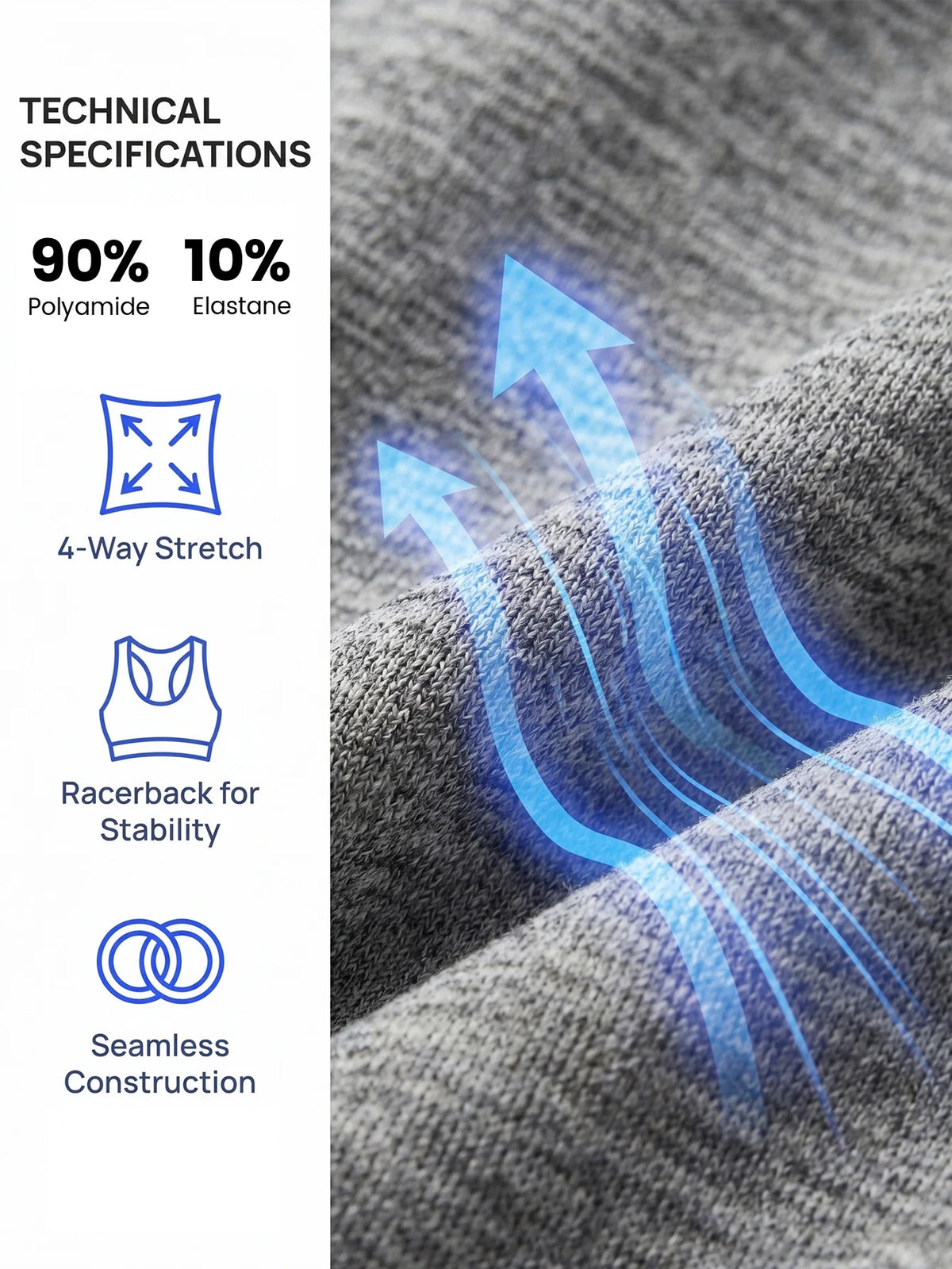 Technical specifications for a seamless racerback sports bra set made of 90% polyamide and 10% elastane.