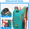 A teal outdoor backpack with orange accents, showing separate front and side net bags.