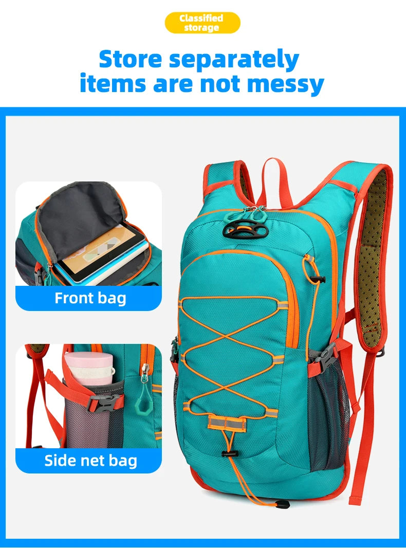 A teal outdoor backpack with orange accents, showing separate front and side net bags.