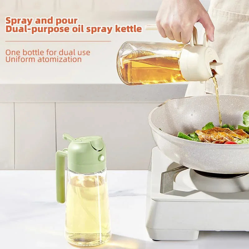 A hand is spraying oil from a glass bottle into a pan, demonstrating a dual-purpose oil spray kettle for cooking.