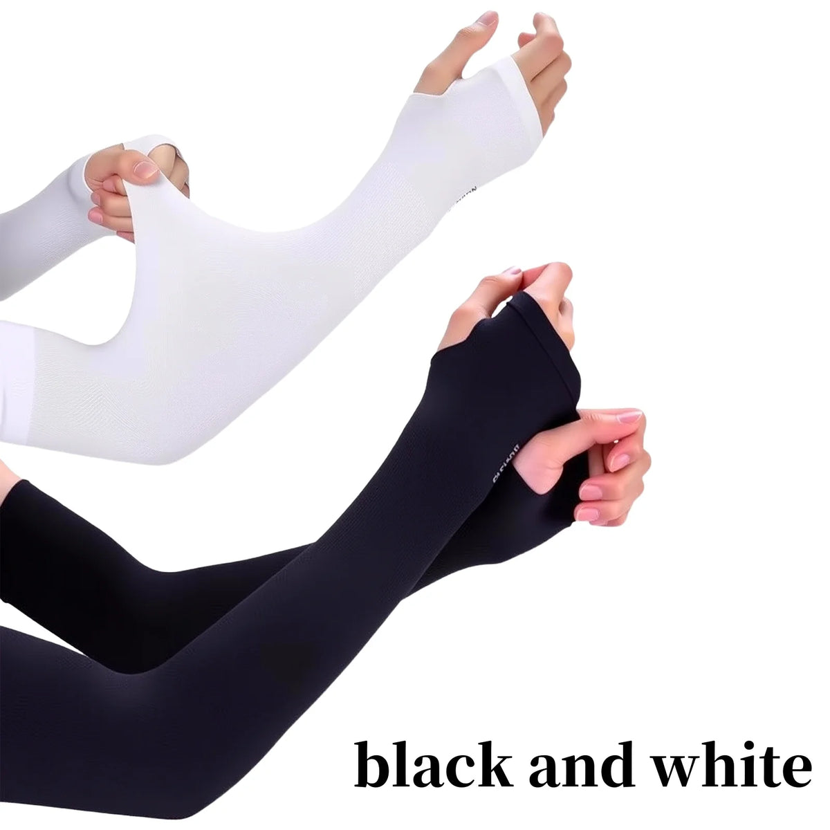 A pair of black and white UV protection cooling arm sleeves being worn on an arm.