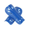 Blue adjustable EVA soccer shin guards shown in a layered, protective form.