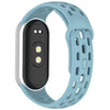 A light blue breathable TPU smart watch band replacement with a black strap and silver casing.