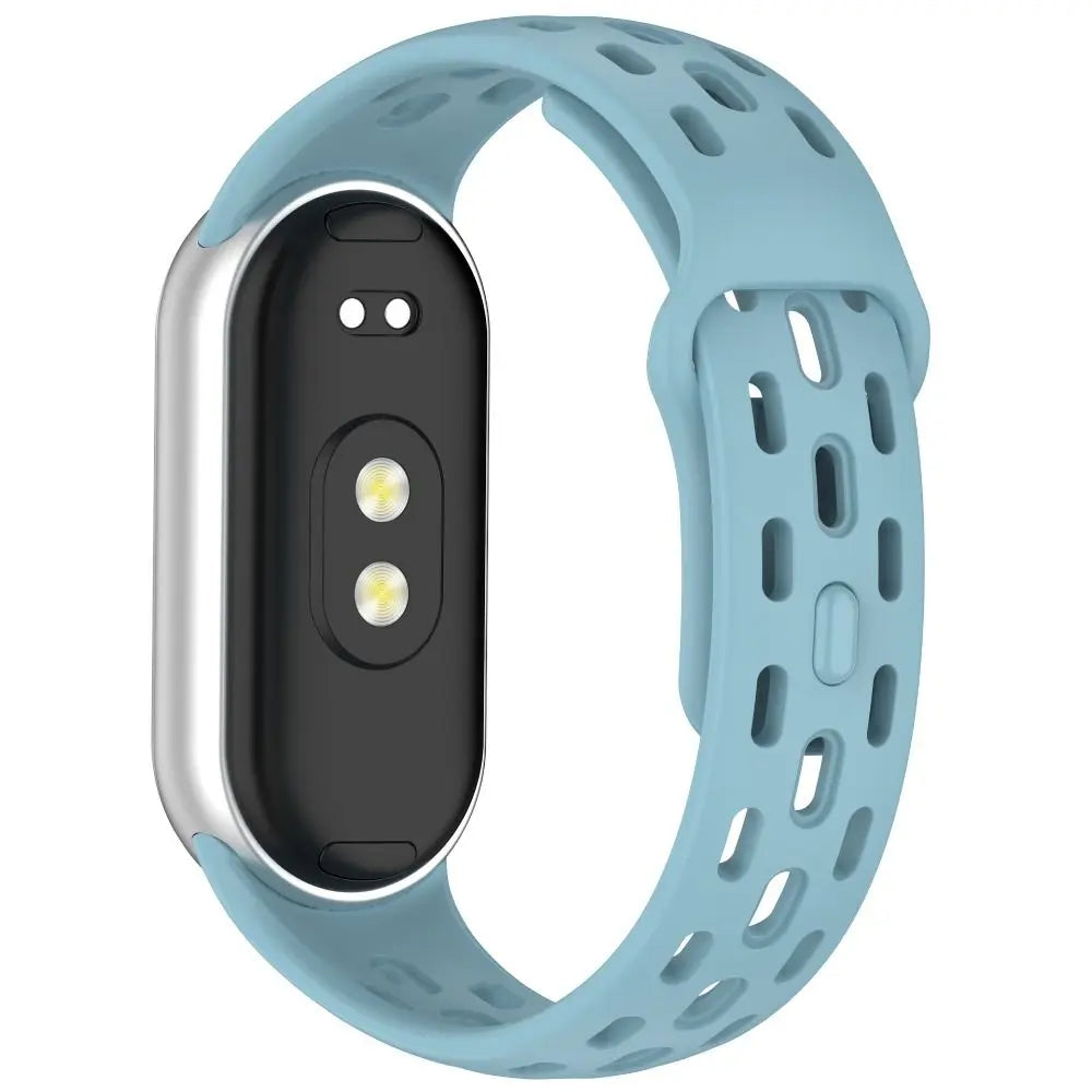 A light blue breathable TPU smart watch band replacement with a black strap and silver casing.