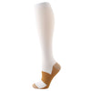 White compression socks with tan accents shown standing vertically