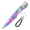 A folding stainless steel survival knife with a colorful iridescent finish and a black lanyard.