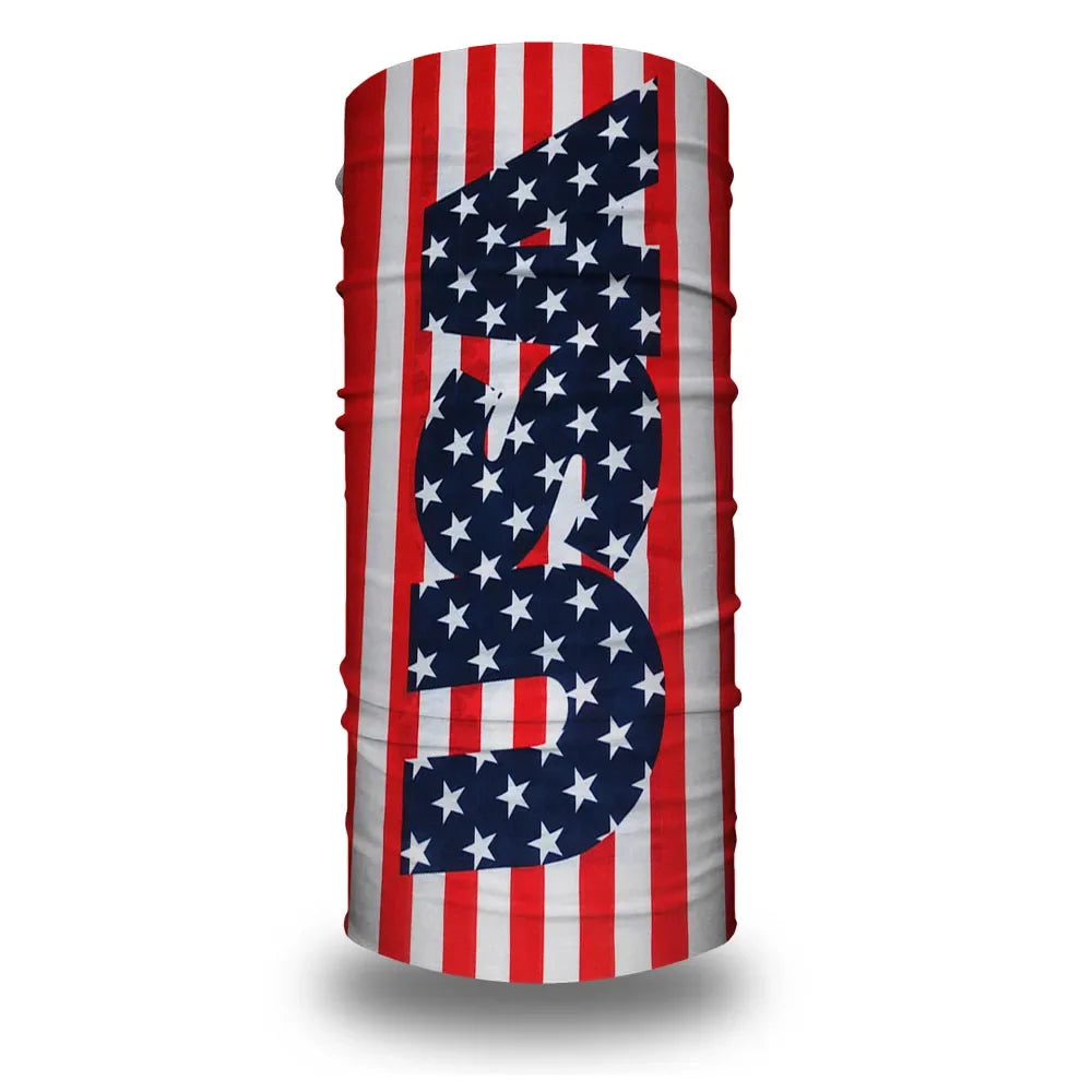 A red, white, and blue striped tube bandana or head wrap featuring a large navy blue American flag design.