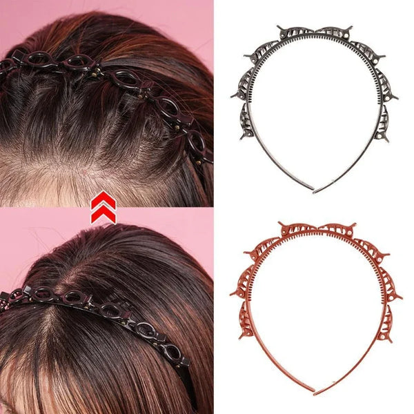 Un set de pinces et d'un bandeau pour les cheveux avec des mèches doubles, cheveux brun foncé et accents métalliques.