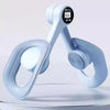 A light blue thigh and hip strength trainer with a digital display is shown in a close-up view.