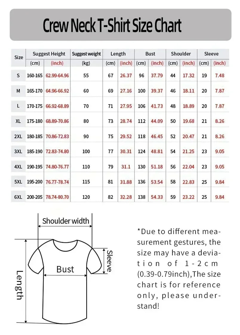 Size chart for a Crew Neck T-Shirt showing measurements in inches and centimeters.