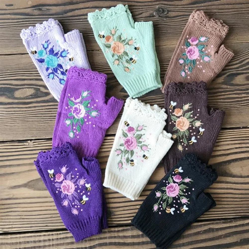 Embroidered Floral Bee Fingerless Gloves