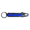 Black and blue braided cord multi-tool keychain with a metal clasp.