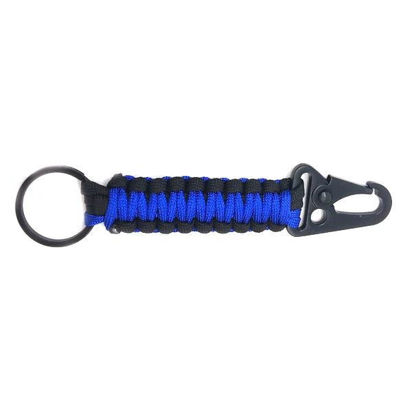Black and blue braided cord multi-tool keychain with a metal clasp.