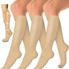 A set of three beige women's compression socks shown on legs and feet.