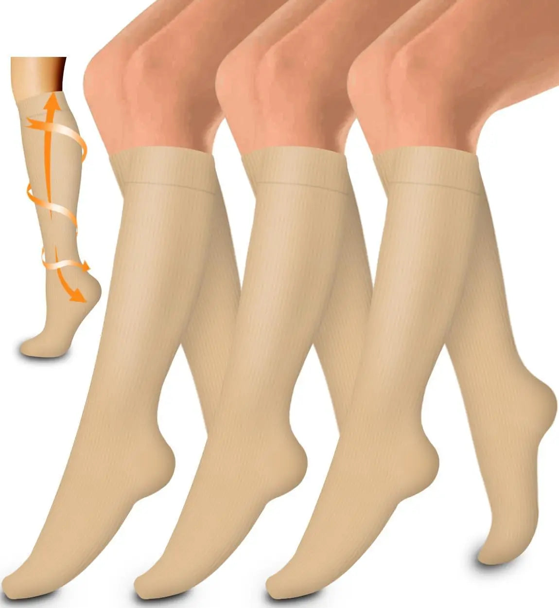 A set of three beige women's compression socks shown on legs and feet.