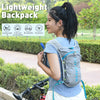 A woman wearing a light blue shirt and white shorts is shown carrying an ultra-light outdoor running and cycling backpack out