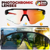 A pair of photochromic sunglasses shown in three light conditions: darkness, cloudy day, and bright sunlight.