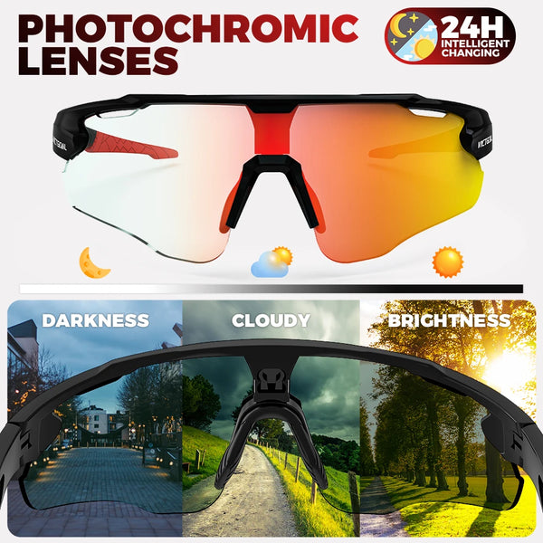 A pair of photochromic sunglasses shown in three light conditions: darkness, cloudy day, and bright sunlight.