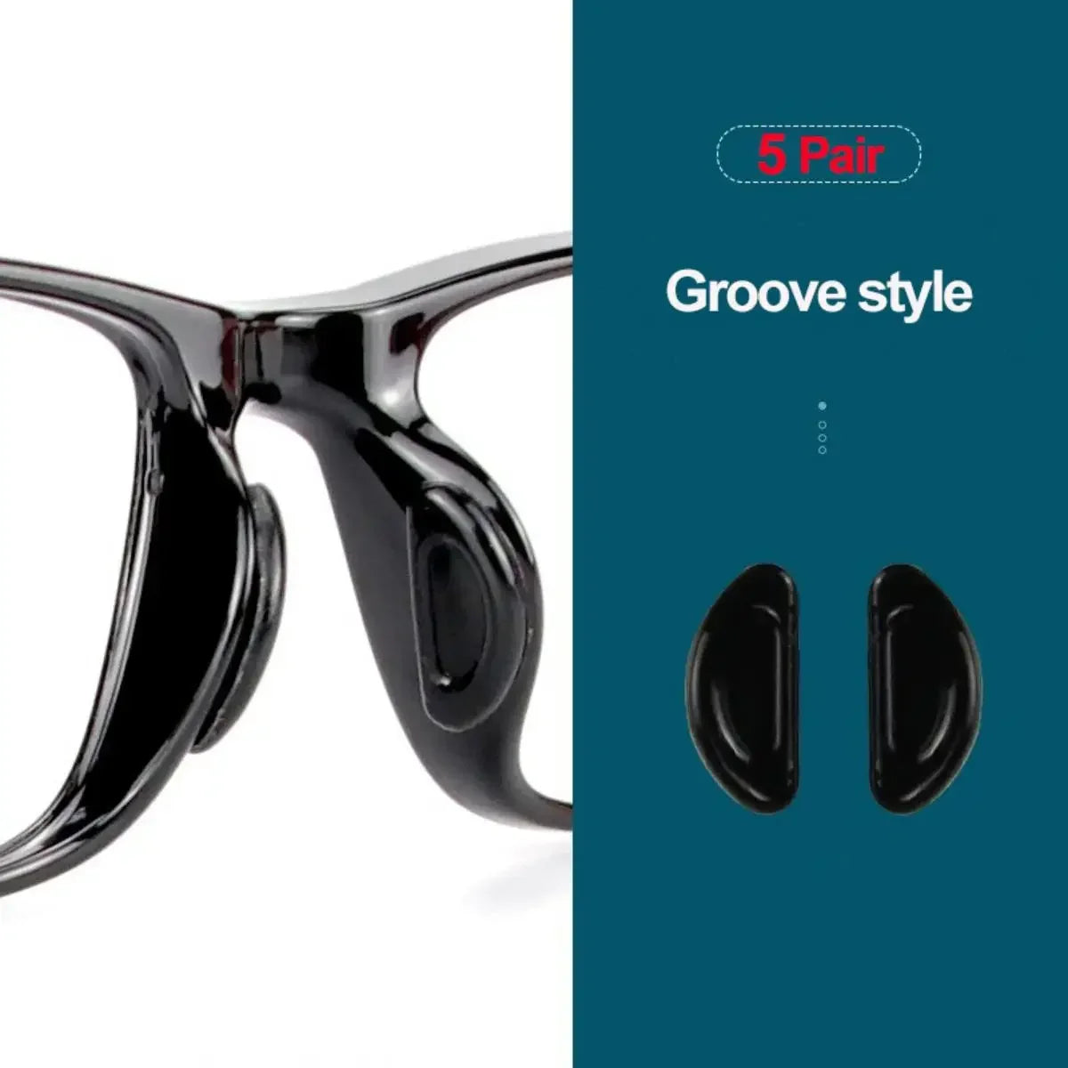 A pair of black silicone anti-slip eyeglass nose pads in a groove style.
