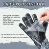 A hand is shown peeling off a protective film from a latex glove to activate maximum grip.