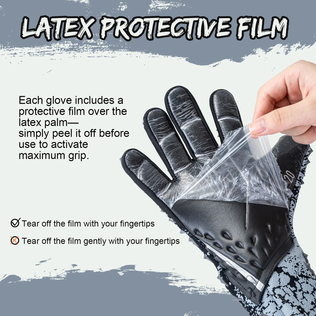 A hand is shown peeling off a protective film from a latex glove to activate maximum grip.