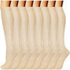 A row of beige compression socks for vein support, displayed vertically.
