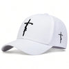 White unisex embroidered snapback baseball cap with black cross embroidery on the front