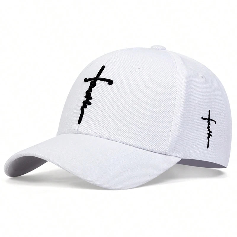 White unisex embroidered snapback baseball cap with black cross embroidery on the front