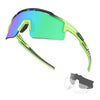 A pair of lime green polarized sunglasses with a purple lens and black frame shown in use.