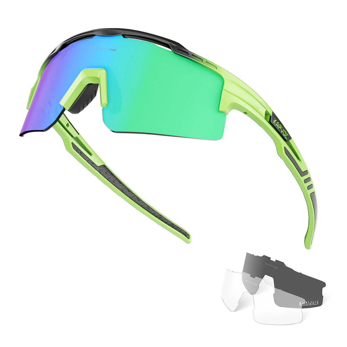 A pair of lime green polarized sunglasses with a purple lens and black frame shown in use.