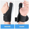 Black adjustable wrist and thumb support brace shown from the outside and inside views
