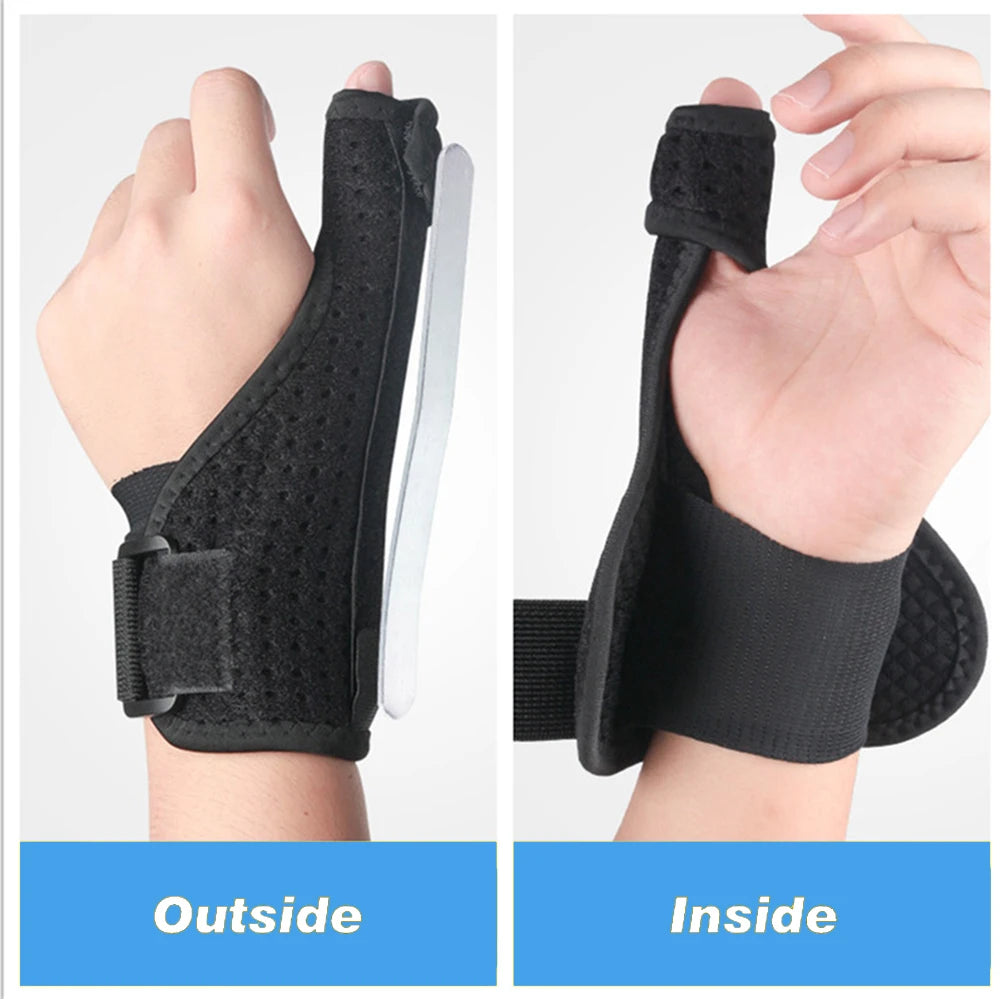 Black adjustable wrist and thumb support brace shown from the outside and inside views