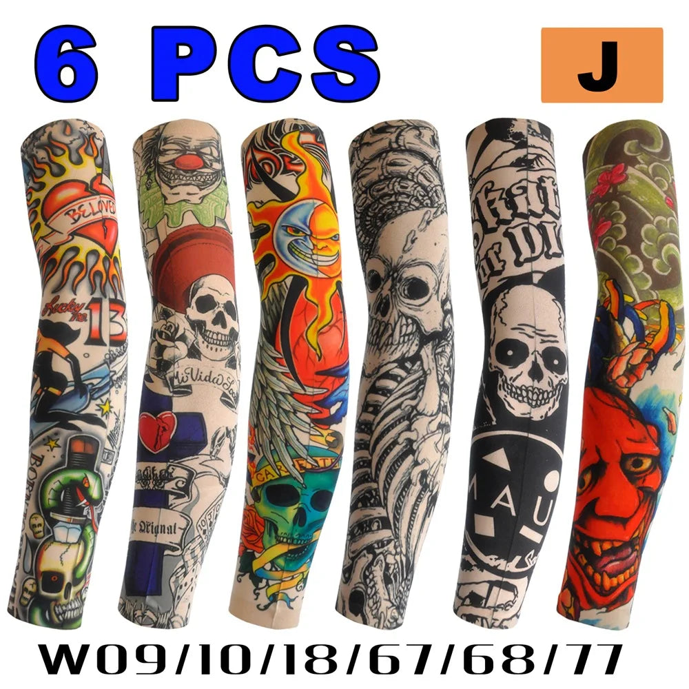 Seis mangas de tatuaje sin costuras con protección solar, con diversos diseños de calaveras y coloridos.