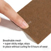 A hand is applying a brown breathable mesh muscle relaxation patch to the skin.
