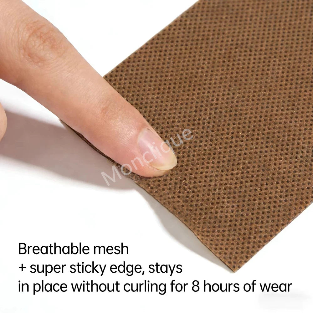 A hand is applying a brown breathable mesh muscle relaxation patch to the skin.