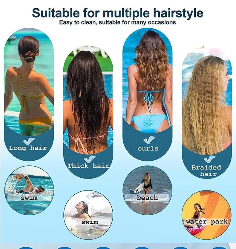 Extra large silicone swim cap suitable for multiple hairstyles including long hair, curls, braided hair, and thick hair.