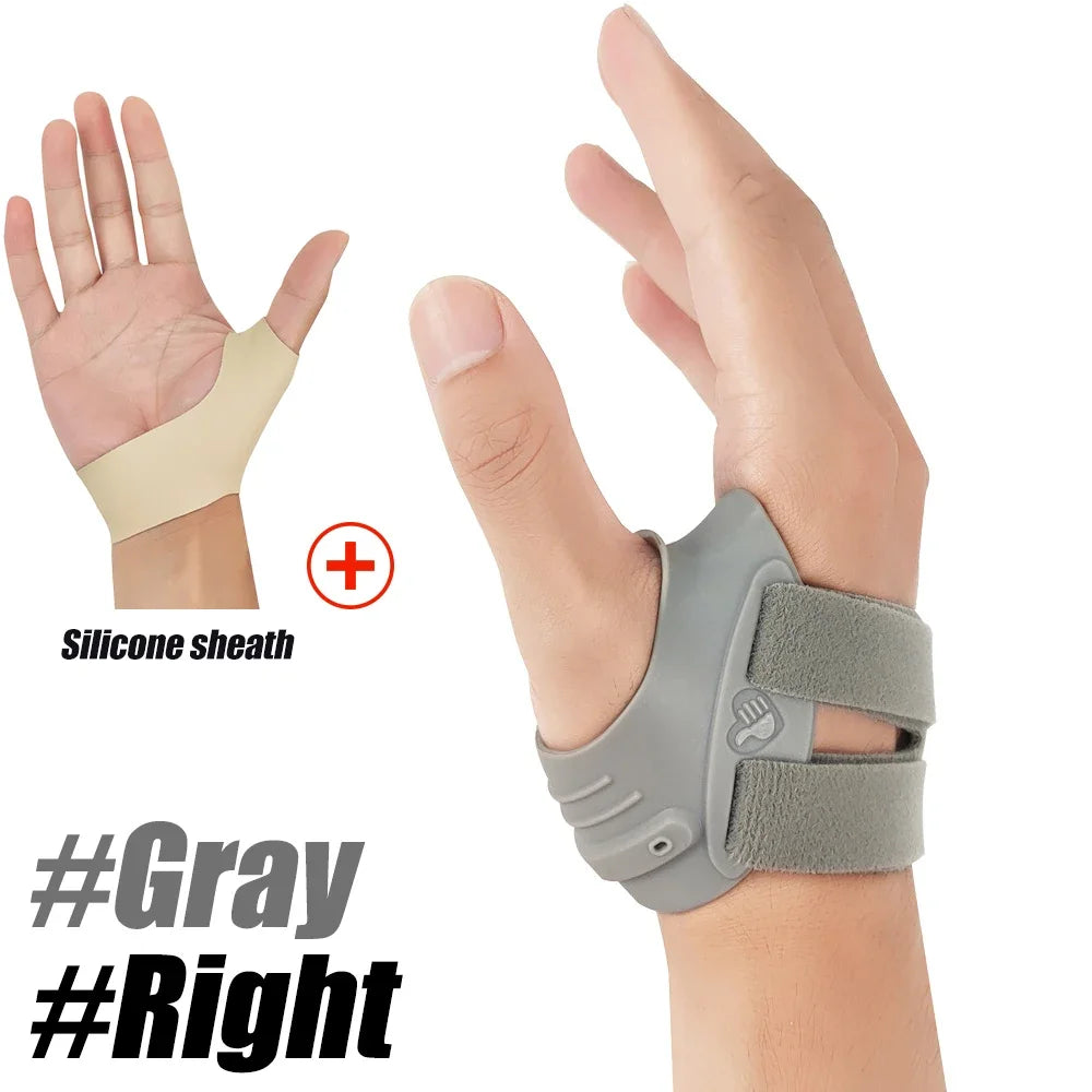 A gray silicone sheath and a gray thumb joint stabilizer brace are shown on a hand.