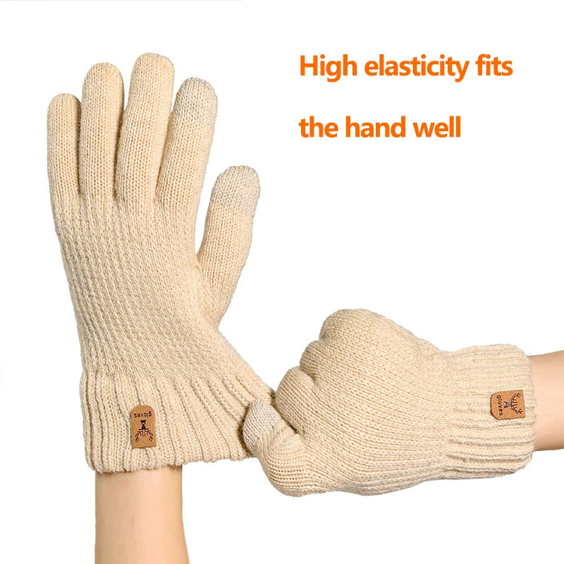 Beige knit gloves fitted to the hand, showing high elasticity for warmth and dexterity.