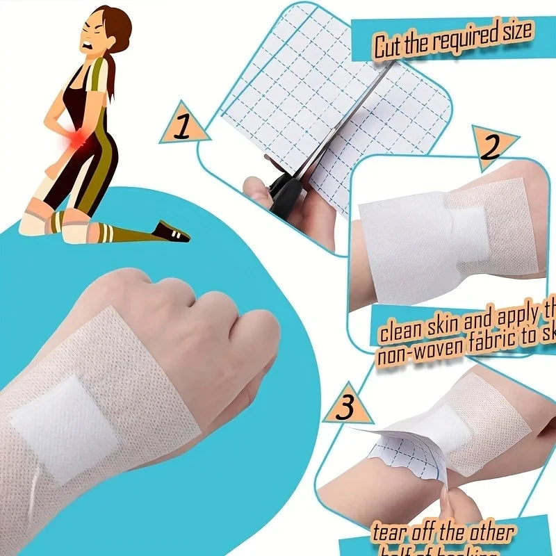Instrucciones de cómo cortar y aplicar una venda adhesiva no tejida médica en la piel.