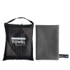 A black microfiber towel bag and a folded gray microfiber towel are shown side by side.