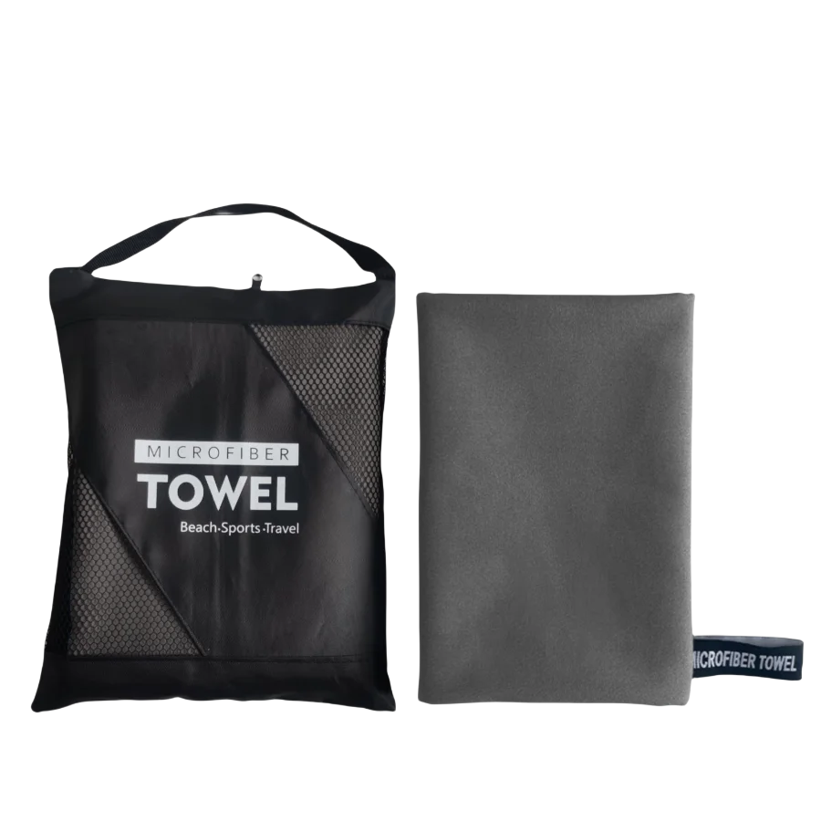 A black microfiber towel bag and a folded gray microfiber towel are shown side by side.