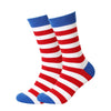 A pair of red and white striped socks with blue trim, folded and displayed against a white background.