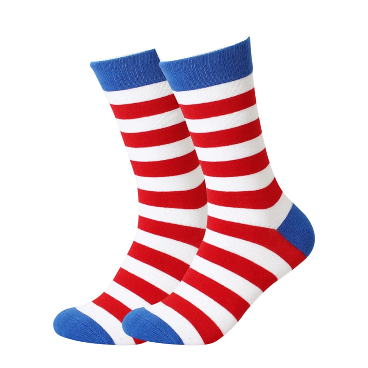 A pair of red and white striped socks with blue trim, folded and displayed against a white background.