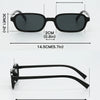 Black retro fashion sunglasses featuring rectangular and oval frames with 5.3cm lenses and a 14.5cm frame width.